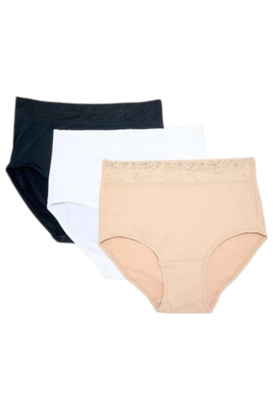 Breezies Women's 3-pack Lace Elegance Smooth Full Brief Panty Bk/Wt/Tn - Regular